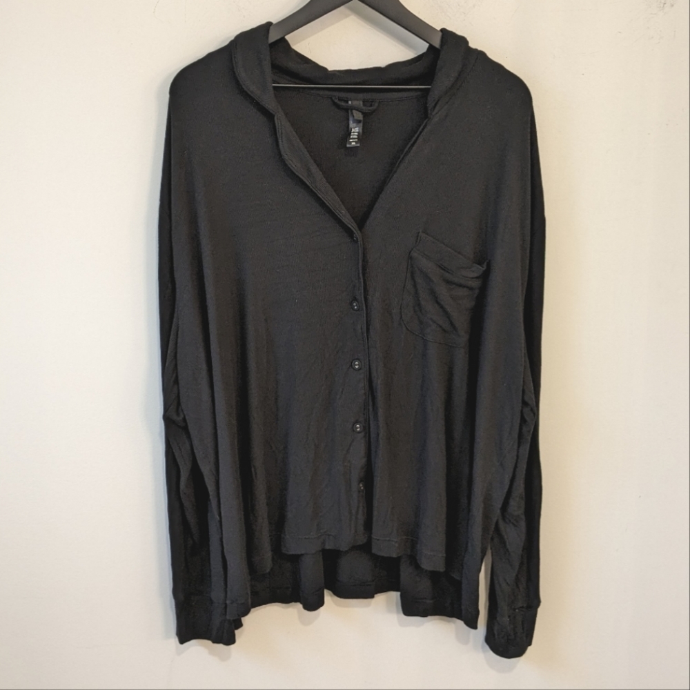 SKIMS Black Ribbed Modal Blend Stretch Pajama Long Sleeve Shirt Top